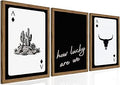 Western Wall Art Set of 3, Southwestern Cowboy Playing Card Wall Decor, Longhorn Bull Skull and How Lucky are We Poster Canvas Painting Prints for Bedroom Living Room 12x16 inch Wood Framed