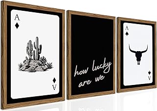 Western Wall Art Set of 3, Southwestern Cowboy Playing Card Wall Decor, Longhorn Bull Skull and How Lucky are We Poster Canvas Painting Prints for Bedroom Living Room 12x16 inch Wood Framed