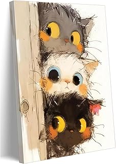 Cute Little Kitten Canvas Wall Art Funny Cartoon Cat Wall Decor Picture Three Peeping Kittens Poster Print for Kids Room Bathroom Dining Room Nursery Cat Lovers Painting Artwork Home Decoration