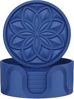 HFHOME Silicone Coasters Set With Holder - 6 Pack for Drinks, Coffee Table, Cup Mat, Desk, Bar - Tabletop Protection Gift - Navy Blue
