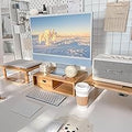 Dual Monitor Stand Riser with Drawer for Desk Laptop Desk Shelf with Adjustable Length and Angle, Bamboo Computer Stand Riser for 2 or 3 Monitors Screen Laptop PC TV -Natural