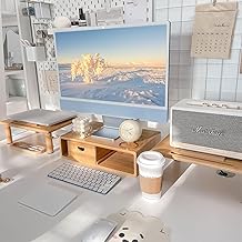Dual Monitor Stand Riser with Drawer for Desk Laptop Desk Shelf with Adjustable Length and Angle, Bamboo Computer Stand Riser for 2 or 3 Monitors Screen Laptop PC TV -Natural