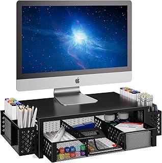 Simple Trending Desk Organizer and Accessories, Computer Metal Monitor Stand Riser with Drawer and Pen Holder for Laptop, Computer, iMac, Black