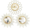 3 Pack Metal Mirrors for Wall Sunburst Wall Mirrors Home Décor Decorative Hanging Wall Art for Living Room Bedroom Entryway (Gold, Flower+Sunburst)