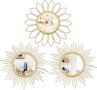 3 Pack Metal Mirrors for Wall Sunburst Wall Mirrors Home Décor Decorative Hanging Wall Art for Living Room Bedroom Entryway (Gold, Flower+Sunburst)
