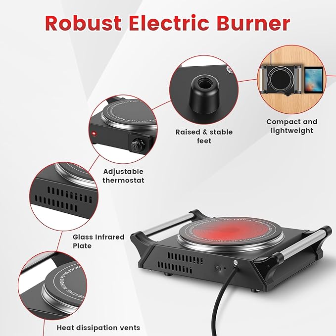 1000W Electric Single Burner, Silicon Crystal Glass Hot Plate Cooktop with 5 Temperature Stepless Adjustments Portable Handles for RV/Home/Camp (Single Burner)