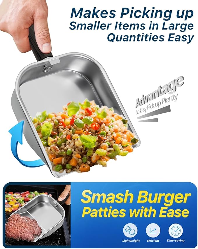 Griddle Scoop for Blackstone with a Any-Edge Hook, Stainless Steel Griddle Portable Food Mover for Stir Fry and Move Food, Classic Grill Shovel