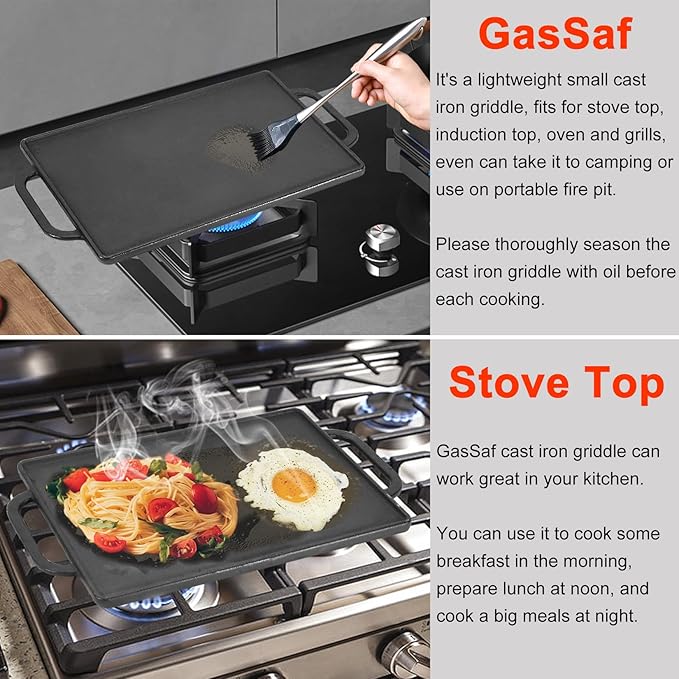 GasSaf Small Cast Iron Griddle 13x8.25 for Double Burner Stove Top, Double Sided Reversible Cooking Pan for Gas Grill Top Outdoor Camping, Gas Stovetop Grill Flat Griddle Pan Cast Iron Kitchen Cooking