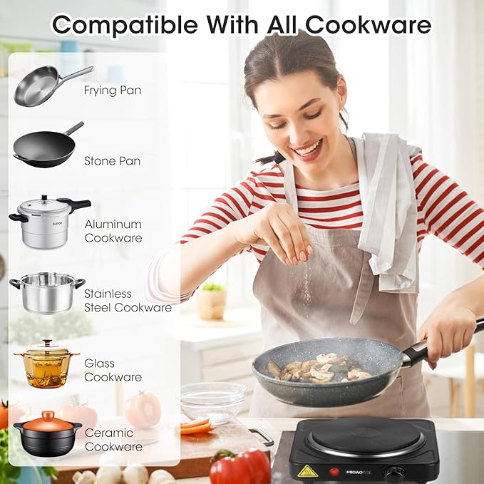 Countertop Single Cast Iron Burner 1000 Watts Electric Hot Plate with Adjustable Temperature 6.1" Cooktop for Dorm, Office, Home, Camp, Compatible for All Cookwares