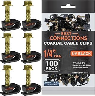 BEST CONNECTIONS Coaxial Cable Clips with Pre-Inserted Screw (100 Pack) – Black Single Cable Mounting Clamps for Coax Cable (RG6, RG59) and Ethernet Cable – Cord Fastener/Strain Relief Clip