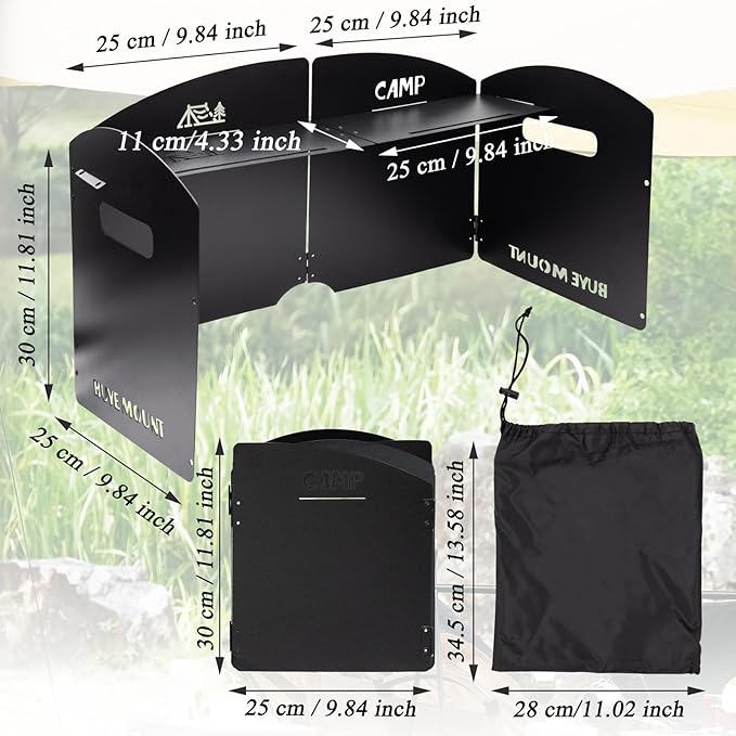 Camping Stove Windscreen Steel Camp Stove Windscreen 4 Plates Steel Folding Camping Stove Windshield with a Storage Bag and Compartment for Camping, Hiking, Picnic, Backpacking, Cooking (Black)
