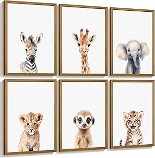 Safari Nursery Wall Art Decor Set of 6 Baby Animal Wall Art Kids Canvas Wall Art Safari Nursery Pictures Jungle Animal Prints Baby Boy Art Giraffe Painting for Room Bedroom 12x16 Inch Framed