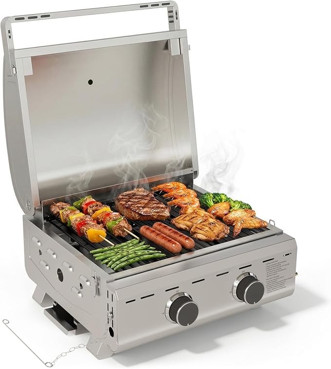 Electactic 16,000 BTUs Portable Tabletop Gas Grill, 2-Burner Propane Grill with 251 Sq.in Cooking Area, Stainless Steel BBQ Grill with Foldable Legs, Easy Assemble & Clean for Patio, Camping, Tailgate