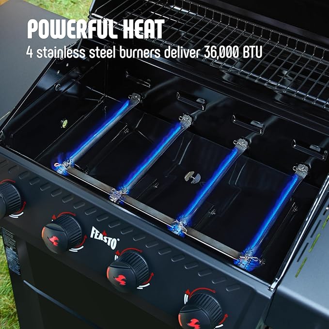 Feasto 4-Burner Propane Gas Grill, 36,000 BTU Outdoor Patio BBQ with Dual Side Tables, Porcelain-Enameled Cookbox & Porcelain-Enameled Cast-Iron Grates for Deck Parties & Patio BBQ, 559 Sq. In., Black