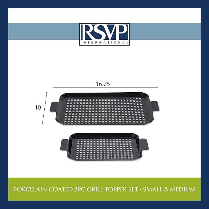 RSVP International Porcelain Coated Steel BBQ Grill Tray/Pan, Outdoor Barbeque Grilling Accessories for Cooking Fish & Vegetables, Dishwasher Safe, Small, 13x7.25/Medium, 16.75x10"