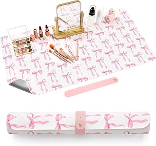 Teenyyou Coquette Bow Makeup Mat for Vanity Top Protector Back to School Gift 31.5" X15.7" Dual Side Leather Desk Mouse Pad Girly Waterproof Nonstick Dressing Vanity Cover for Women Home Office
