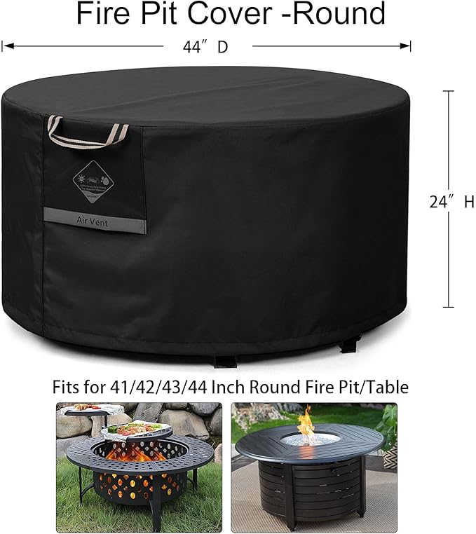 QH.HOME Fire Pit Cover Round Super Waterproof, 41"-44" D X 24" H Outdoor Round Firepit Cover 600D Strong Tear Resistant, UPF 50+ Fire Pit Covers Premium Fading Resistant for Outdoor Fire Pit - Black