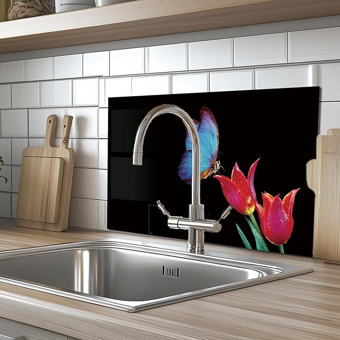 Tempered Glass Backsplash for Kitchen, Blue butterfly, Frameless, Stove Backsplash Protector for Wall,Easy to Clean, Home Decor (30"x16")