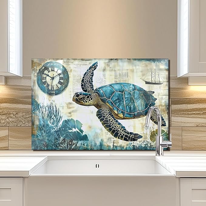 fzxwyishu Beach turtle Tempered Glass Kitchen Backsplash, Stove Back Top Cover, Splashback Tile, Kitchen Sink Cover Splash Guard, Home Kitchen Decor (30"x20"(76.2x50.8cm))