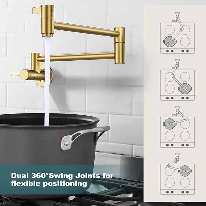 Brushed Gold Pot Filler Faucet, ARCORA Modern Pot Filler Wall Mount Folding Faucet 2 Handle with Double Joint Swing Arms Brass Stove Fixture