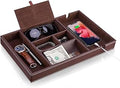 Baoyun Mens Nightstand Organizer, Leather Valet Tray for Men, EDC Catchall Tray with Phone Charging Station, Dresser Top Organizer, 6 Compartments Entryway Valet Box for Wallet, Keys, Phone