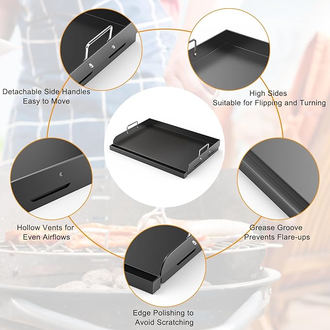Griddle for Gas Grill, 17" x13” Universal Griddle Flat Top Plate with Removable Handles for Charcoal/Gas Stove, Nonstick Coating Cooking Griddle Plate Insert for Camping, Tailgating, Parties