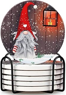 6 Pcs Ceramic Christmas Gnome Coasters with Holder Best Absorbent Coasters Round Drink Christmas Coaster Xmas Vintage Coffee Table Cup Coaster Set for Decor, Living Room, Desk