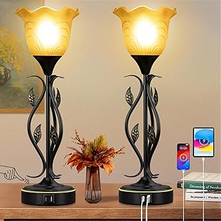 20" Table Lamps for Living Room – Set of 2 Touch Bedside Lamps with USB C Ports, Leafy Vines Amber Flower Shade, Torchiere Design for Bedroom Nightstand, LED Bulbs, Easy Assembly