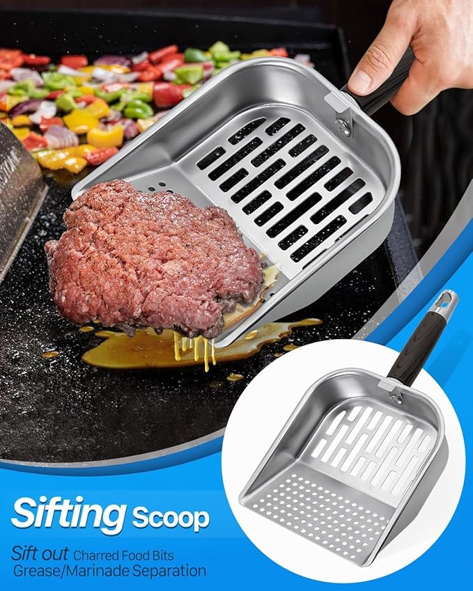 Griddle Scoop for Blackstone with a Any-Edge Hook, Stainless Steel Griddle Portable Food Mover for Stir Fry and Move Food, Classic & Sifting Grill Shovel, 4 Pack