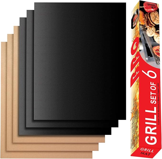 RENOOK Grill Mats for Outdoor Grill, Set of 6 （3 Black+3 Copper）Grill Mat for Gas Grill, Non-Stick Sheets for Grilling, 15.75 X 13 Inch