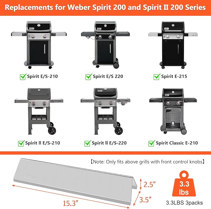 SUS304 Stainless Steel 7635 Flavorizer Bars for Weber Spirit E210, E220, S210, S215, Spirit 200 & GS4 Spirit II E210, Spirit II E220 Grills with Front Control, 15.3" Grill Parts for Weber 67045
