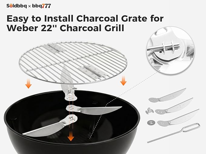 7441 Folding Replacement Parts Grill Grate & 7444 One-Touch Cleaning System Kit for Weber 22-1/2-Inch Charcoal Kettle Grill, Stainless Steel Grate for Weber Kettle Parts for 22'' Charcoal Grill, Charcoal Kettle Accessories