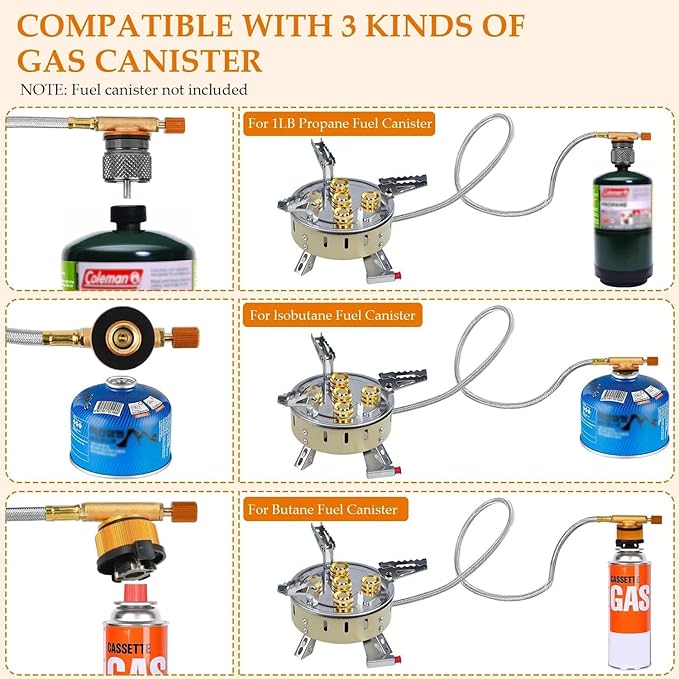 9500W Portable Windproof Camping Stove, Backpacking Camp Stove with Two Fuel Canister Adapter, Camping Gas Stoves with Piezo Ignition, Collapsible Stoves Burner for Outdoor Cooking Hiking and Picnic