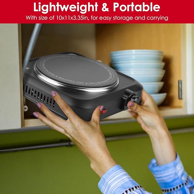 1200W Hot Plate, Electric Infrared Single Burner, Portable Stove Countertop Hotplate with 7.5” Glass Cooktop Stepless Temperature Adjustments for Home RV Camp, Compatible for All Cookwares