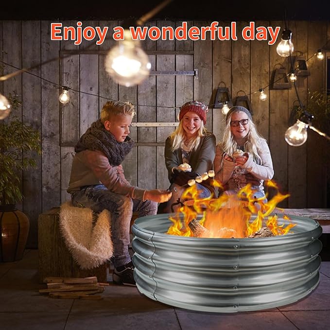 YSEJOMP 36 Inch Round Galvanized Fire Pit Ring/Fire Ring - Foldable and Perfect for Outdoor Gatherings and Campfires in the Yard/Garden/Park/Beach (3 FT Diameter, Silver)