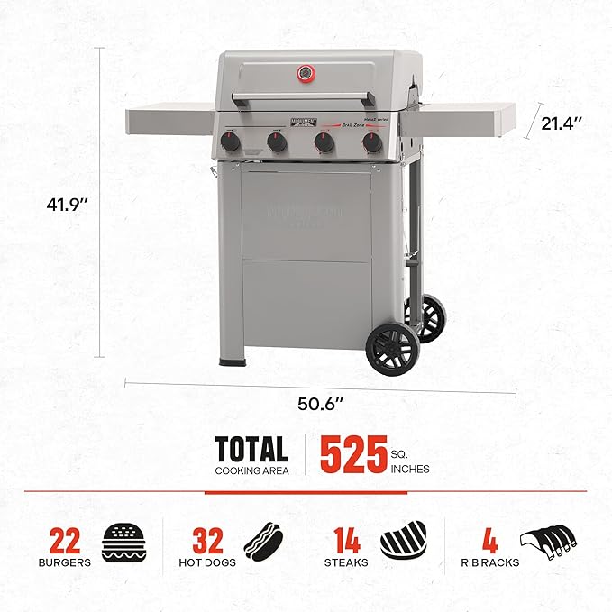 Monument Grills 4 Burner Propane Gas Grill with Broil Zone, Stainless Steel Patio Mesa 2 Barbecue Grill with Cooking Plate, Foldable Side Shelves, Fast Heating, Assembles in 30 Mins, Mesa II 410FBZ