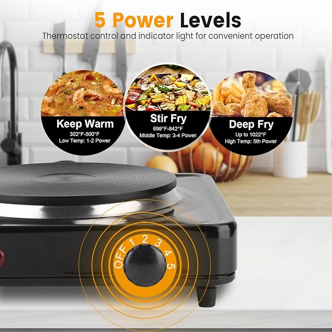 7” Electric Single Burner, 1500W Portable Stainless Steel Countertop Hot Plate Stove Cooktop with Non Slip Rubber Feet for RV/Home/Camp, 5 Temperature Adjustments