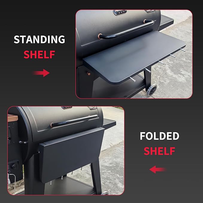 Utheer Folding Front Shelf for Pit Boss Austin XL 1000 Onyx & Savannah 1500, 29.5" Heavy-Duty Grill Prep Table with 5 Hooks, Space-Saving Steel Front Shelf