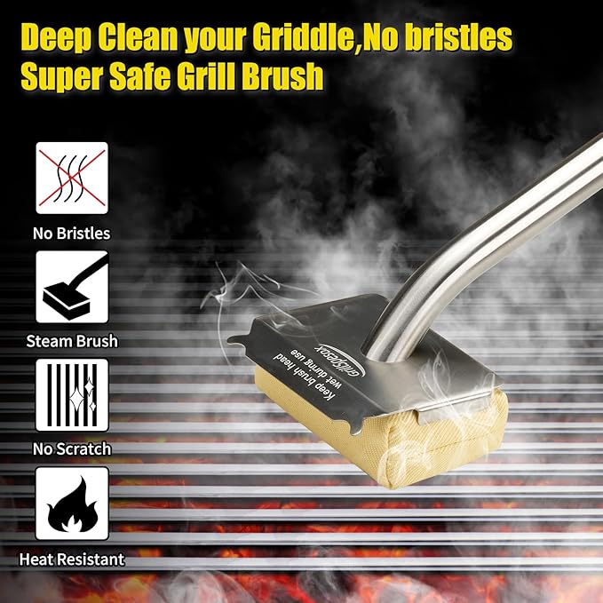 Bristle-Free Steam Grill Brush for Outdoor Barbecue, Safe for Cast Iron Grates, Includes Replacement Pads
