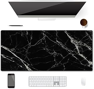 XXL Waterproof Office Desk Pad Protector 35.4x15.7 Inch - Extended Gaming Mouse Pad with Non-Slip Rubber Base, Thickened Keyboard Mat, Stitched Edges & Black White Marble Design