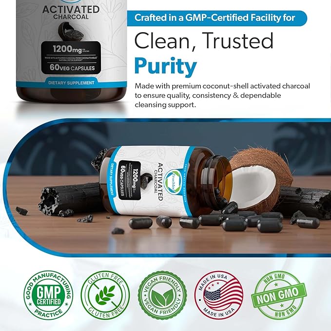 Activated Charcoal Capsules 1200 mg – Organic Activated Charcoal Pills Derived from Coconut Shells for Stomach & Digestive Support – Natural Detox & Bloating – Made in USA – 60 Capsules