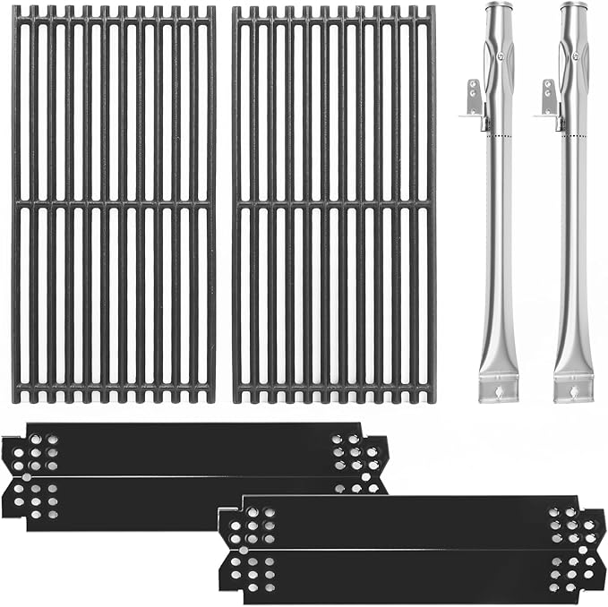 Uniflasy Grill Replacement Parts Kit for Nexgrill 720-0864M, 720-0864 & Evolution 2 Burner Gas Grill – Cast Iron Cooking Grates 17" x 8 3/4", Stainless Steel Burners, Heat Plates & Igniters