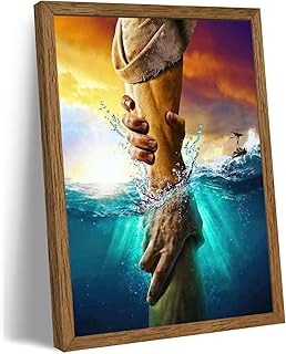 Solid Wood Framed Jesus Christ Canvas Wall Art The Hand of God Jesus Reaching Into Water Christian Painting Prints Biblical Wall Decor Religious Room Decor for Church Prayer Room Schools 12'' x 16''