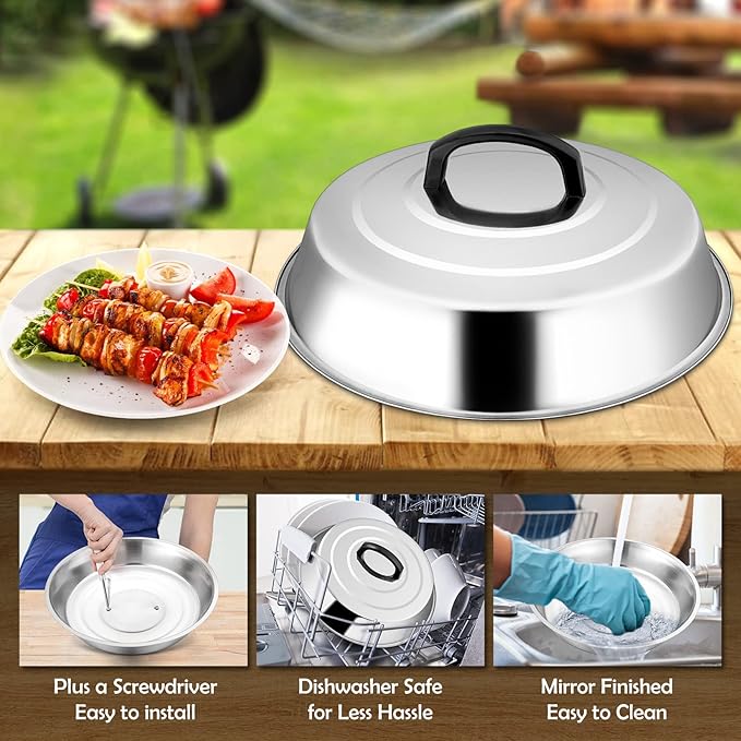 12 Inch Cheese Melting Dome Set of 2, Joyfair Basting Cover for Griddle Grilling Outdoor Camping/Flat Top Teppanyaki, Stainless Steel Lids with Heat-Proof Handle, Dishwasher Safe (No Thermometer)