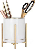 Gold Pen Holder for Desk Aesthetic, Ceramic Pencil Cup with Metal Legs, Makeup Cup for Brushes, Desk Decor for Women Girls