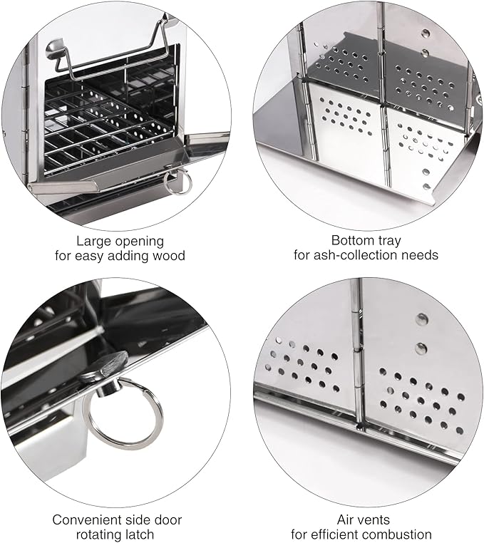 Large Portable Camping Wood Stove for Cooking, 304 Stainless Steel Folding Lightweight Wood Burning Stove with Grid and Pot Stand for Outdoor Camping Hiking Backpacking BBQ Picnic