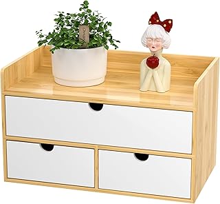 Desk Organizer with Drawers - Bamboo Desktop Organizer Storage | Natural-White Wood Desk Drawers Organizer for Bills, Office Supplies, Cosmetics, Seals No Assembly Required
