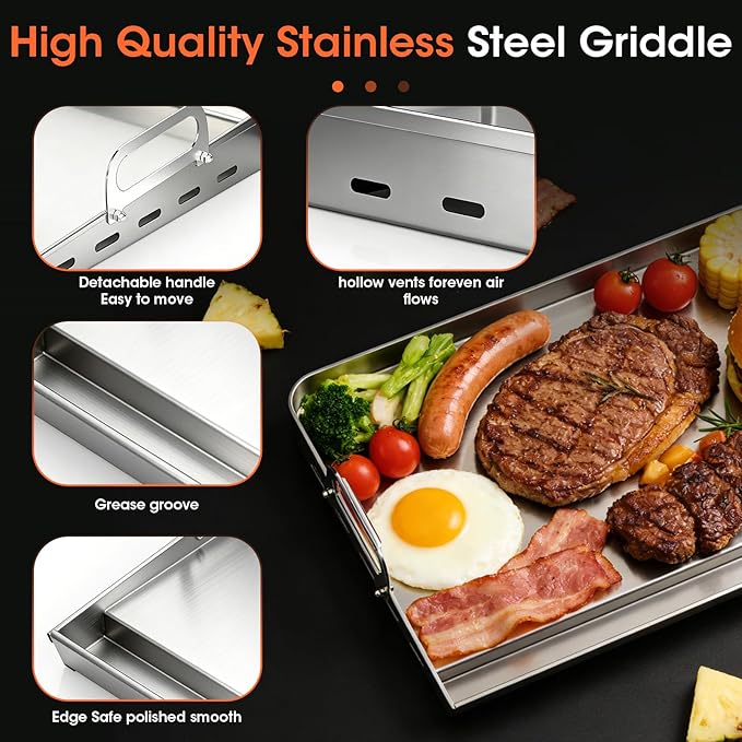 EUTRKei 17" x 13" Heavy-Duty Stainless Steel Griddle for Gas Grill & Stove Top - Reinforced Flat Top with Grease Groove, Effortless Cleanup for Backyard BBQ, Tailgating, Camping & Family Parties