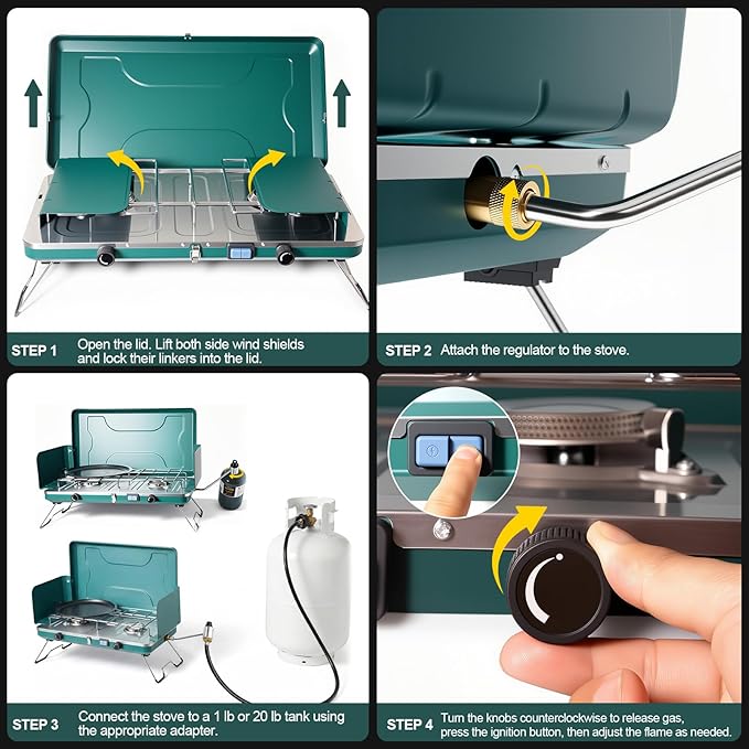 2 Burner Propane Stove, 20000BTU Portable Camping Stove with 2 Adjustable Burner and Wind Guards, Camping Cooktop with Ignition & Griddle for Camping,Tailgating, BBQ, Grilling,Outdoor Gear