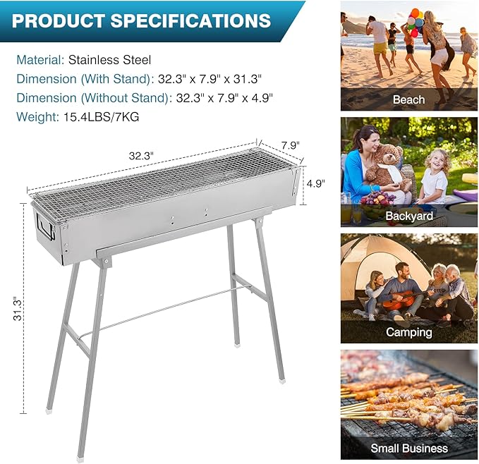 IRONWALLS Portable Charcoal Grills, 32" x 8" Stainless Steel Folded Camping Grill Kebab Skewer Barbecue Grill Kit for Garden Backyard Party Picnic Travel Home Outdoor Cooking Use